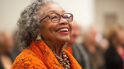 Joyful elderly woman smiles warmly during community event in a cozy venue filled with people