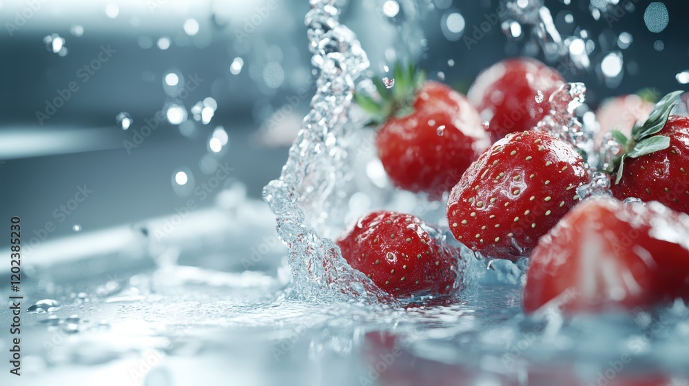 Poster this playful image captures fresh strawberries in water, creating a delightful spectacle of bubbles 