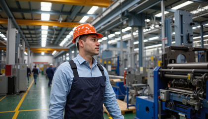 Worker in safety helmet observing machinery in manufacturing facility