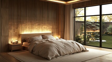 Fototapeta premium zen-like bedroom with bamboo wall panels and soft