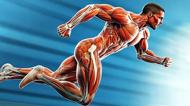 This vibrant image showcases the muscle anatomy of a running human, emphasizing the structure and motion involved in athletic performance.