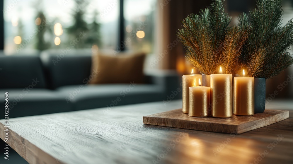 Poster a stunning display of elegant golden candles accompanied by lush greenery, perfect for creating a co