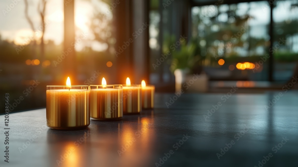Poster a delightful arrangement of charming candles illuminated in a modern setting, creating a warm and in