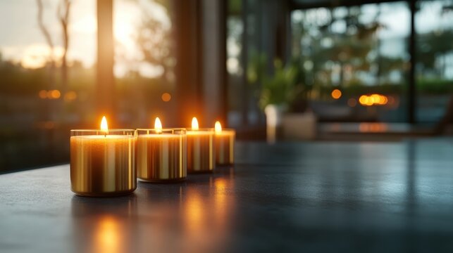 A delightful arrangement of charming candles illuminated in a modern setting, creating a warm and inviting space that encourages relaxation and thoughtful reflection.