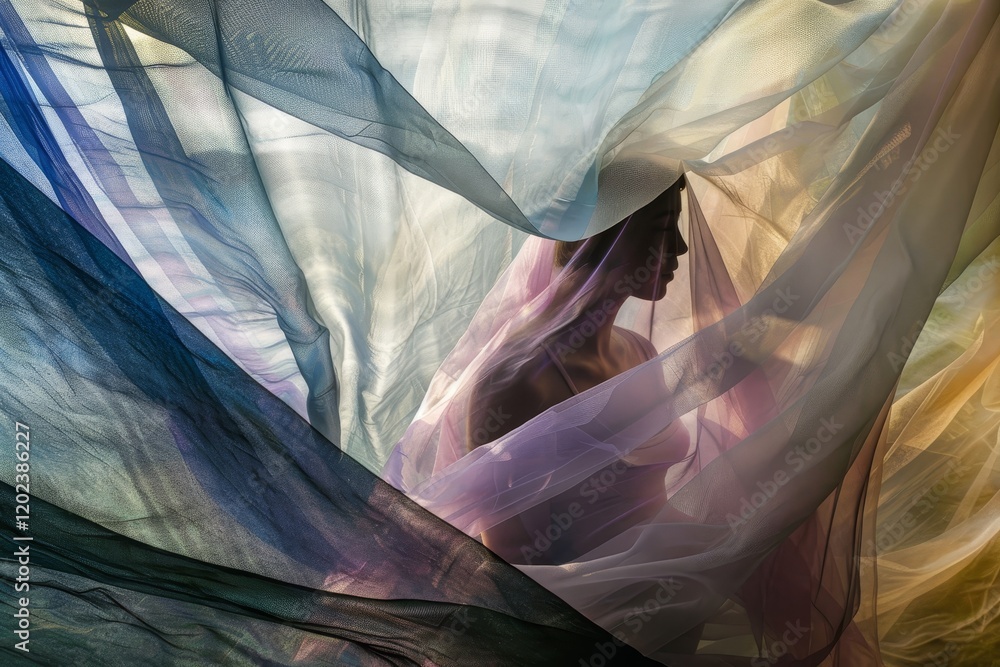 Poster a womans silhouette is partially hidden behind layers of translucent veils, creating a dreamy and et