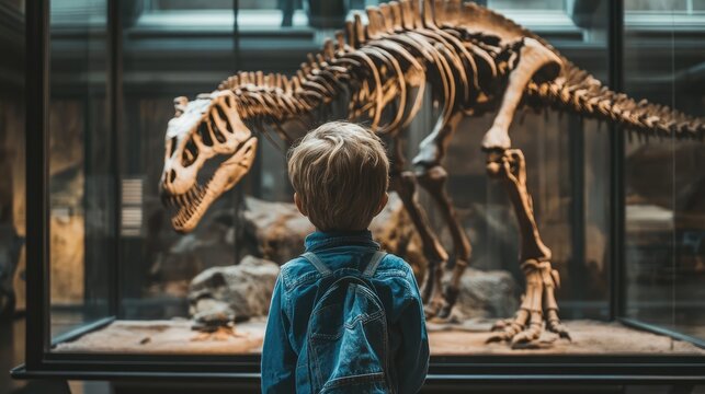 Child looking at dinosaur skeleton in paleontology museum