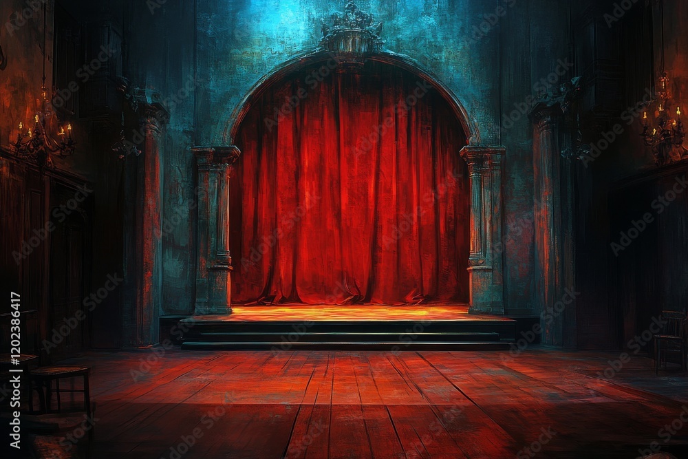 Poster red curtains parting to reveal a dimly lit stage in a theater setting during an evening performance