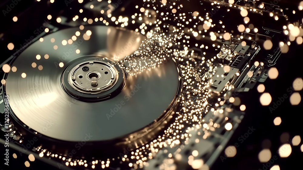 Poster Closeup of a hard drive platter with shimmering particles, creating a dynamic and futuristic feel. Ideal for tech, data storage, or digital concepts.