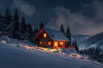 Fototapeta premium Cozy wooden cabin on snowy hill, surrounded by pine trees, with view of snow-capped hills under starlit sky, Cozy cabin nestled among snowy hills