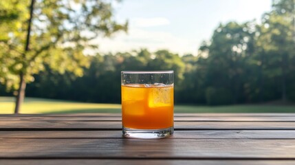 Refreshing orange cocktail on wooden table outdoors.