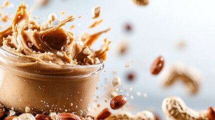Fototapeta premium This image captures the dynamic explosion of peanut butter with nuts, showcasing energy and motion in a captivating food photography scenario.