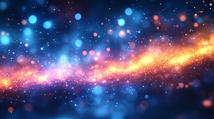 Blue and gold glowing glittering particles on dark background with dust bokeh effect