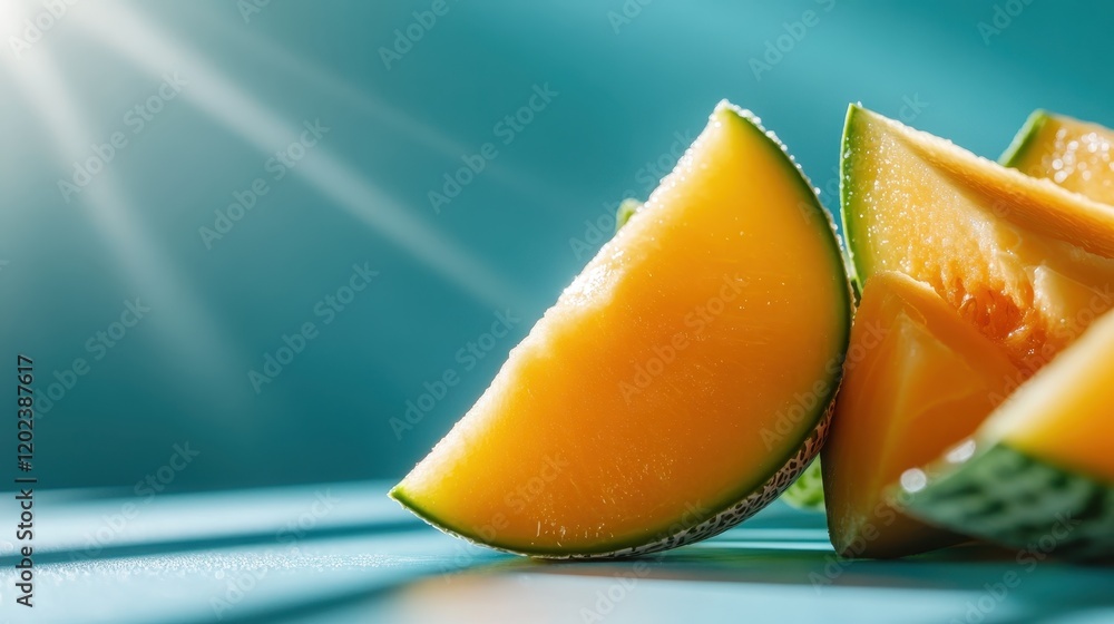 Poster a visually striking composition of melon slices, highlighting their soft texture and inviting color 