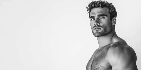 Men beauty concept. Close-up portrait of handsome bearded bodybuilder in good physique shape, posing on white background. Text space. Banner style. Monochrome studio shot