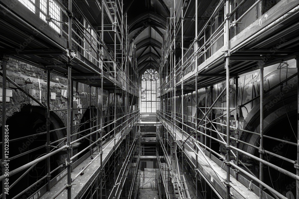 Poster a black and white photo showing a complex scaffolding structure inside a historic building undergoin