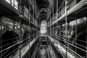 Fototapeta premium A black and white photo showing a complex scaffolding structure inside a historic building undergoing renovations, A maze of scaffolding and temporary walkways leading around the site