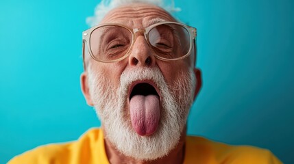 A vibrant elderly man with colorful glasses and a playfully extended tongue showcases a fun and carefree spirit against a bright blue wall background.