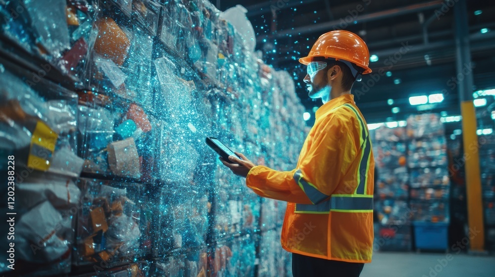 Poster a worker using a handheld scanner to track the recycling process of various industrial materials wit