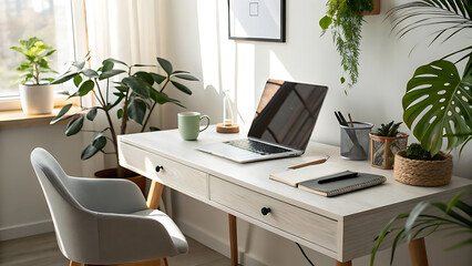 "Minimalistic Workspace with Laptop, Coffee Cup, and Indoor Plants"