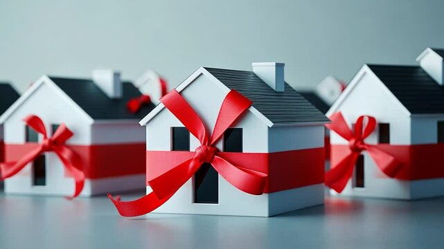 These small model houses wrapped in red ribbons showcase the concept of gift giving. Ideal for real estate promotions or seasonal themes.