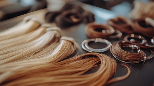 Salon hair extensions, various colors, ready for styling