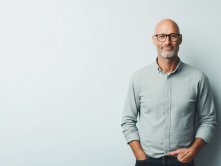 Fototapeta premium Bald Man with Glasses Smiling in Casual Attire Against Light Background
