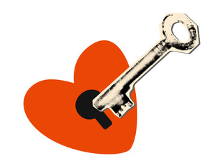 Red heart with black keyhole and a vintage halftone collage key inserted. Love concept, Valentine's day mixed media sticker. Modern retro vector illustration isolated on transparent background