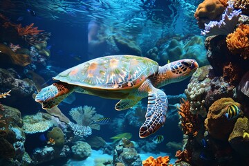 Fototapeta premium A sea turtle swims effortlessly through a vibrant coral reef, showcasing the beauty of underwater ecosystems, A sea turtle swimming gracefully through colorful coral reefs