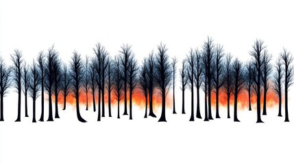 Burning Forest Silhouette - Silhouette of leafless trees against a fiery orange and red background, suggesting a wildfire or autumnal scene.