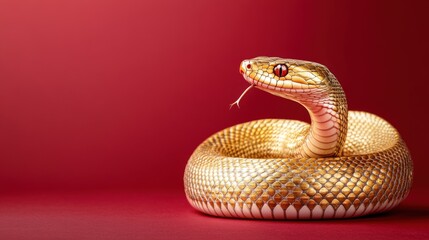 Fototapeta premium Golden Snake Coiled On Red Background