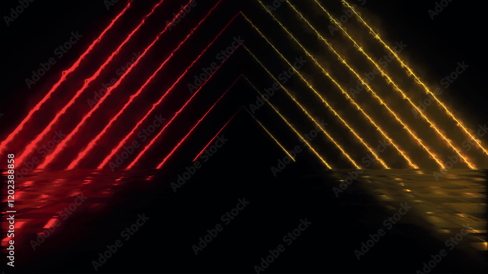 Poster abstract colorful background with bright neon beams and glowing lines reflecting on the floor. clean