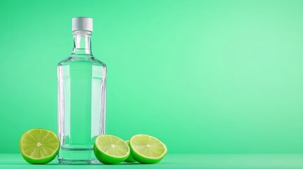 Clear Bottle with Limes on Green Background - A clear glass bottle sits beside lime slices on a vibrant green backdrop.  Perfect for alcohol, beverage, or refreshment themes.