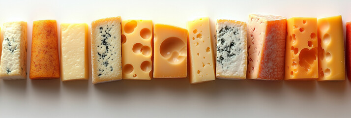 Creative arrangement of triangular cheese shapes showcasing different textures and colors on a white background