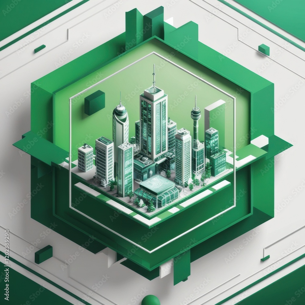 Poster a stylized isometric cityscape with a monochromatic green color scheme.