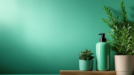 A collection of elegant green bottles and potted plants elegantly arranged, reflecting harmony between natural and artificial beauty, suitable for wellness and lifestyle themes.