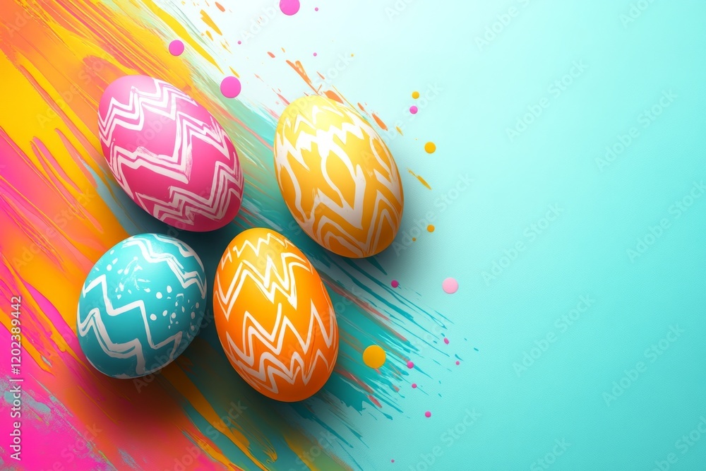 Aufkleber four colorful easter eggs with wavy patterns rest on a brightly painted surface, creating a festive 