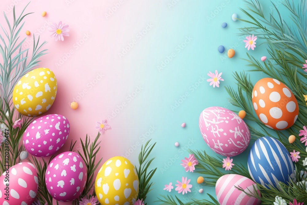 Poster easter eggs with various colorful patterns arranged on pink and turquoise background with flowers an