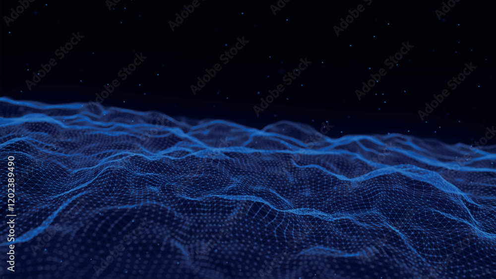 Poster futuristic point wave of particles. visualization of sound waves. dark background. technology or sci