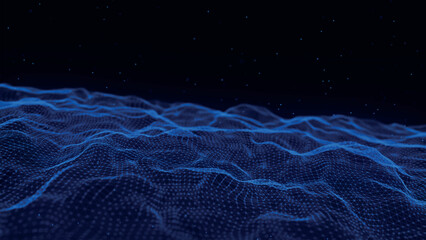 Futuristic point wave of particles. Visualization of sound waves. Dark background. Technology or science banner. Abstract digital 3D wave. Vector illustration.