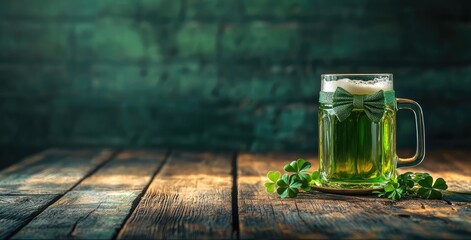 A mug of green beer with a festive bow tie, surrounded by clovers, placed on a rustic wooden table with a moody green background. Perfect for St. Patrick's Day celebrations, Irish-themed promotions