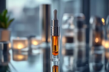 Small glass and metal dropper bottle containing cannabis concentrate with candles and blurred background creating soothing atmosphere