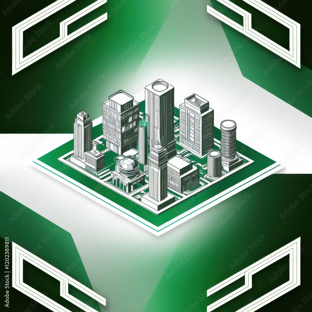 Poster A Computer-Generated Image of a Modern Cityscape with Tall Buildings and Green Spaces