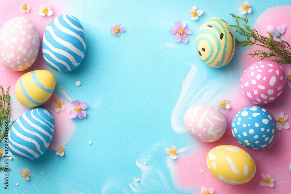Poster easter eggs with colorful patterns and spring flowers creating a festive border on a pastel blue and