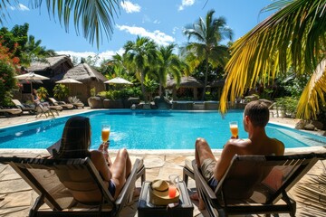 A couple enjoys a relaxing afternoon by the pool at a tropical resort, surrounded by lush greenery and palm trees, A luxurious resort with a family lounging by the pool and sipping tropical drinks