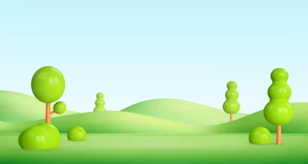 Fototapete Rund 3d spring landscape. Cartoon summer background with green hills, tree, grass mountain. Park scene. Childish vector illustration © Doloves