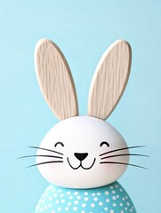 Fototapeta premium Cute Wooden Easter Bunny Decor - Adorable wooden bunny with teal polka dot base, perfect for Easter or spring decorations. Smiling face, light wood ears.