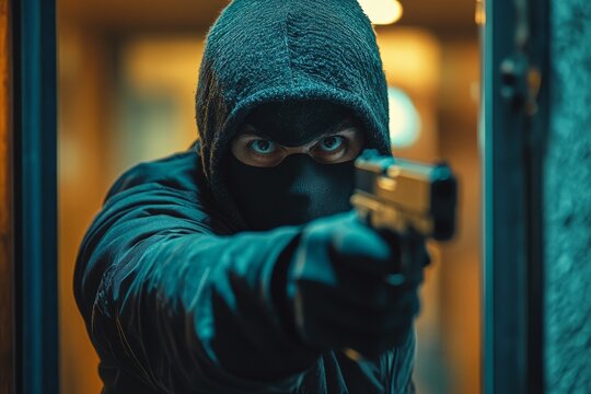Dangerous masked burglar pointing handgun during housebreaking