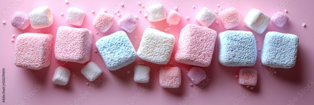 Poster colorful marshmallows arranged on a pink background create a vibrant and playful display for sweet t