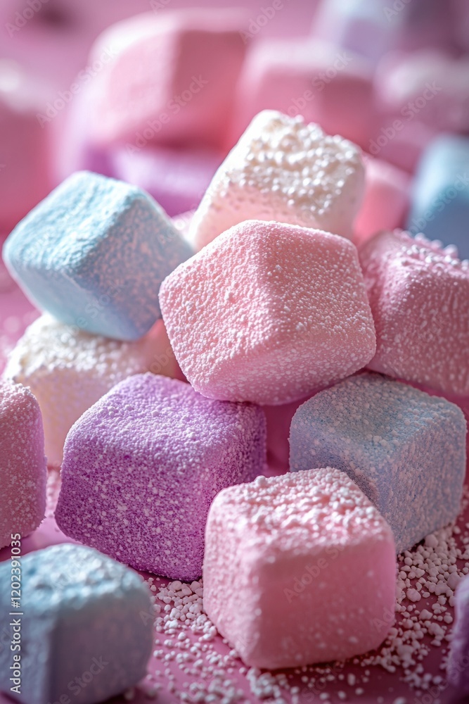 Poster colorful marshmallow cubes stacked together on a soft background highlighting their texture and swee