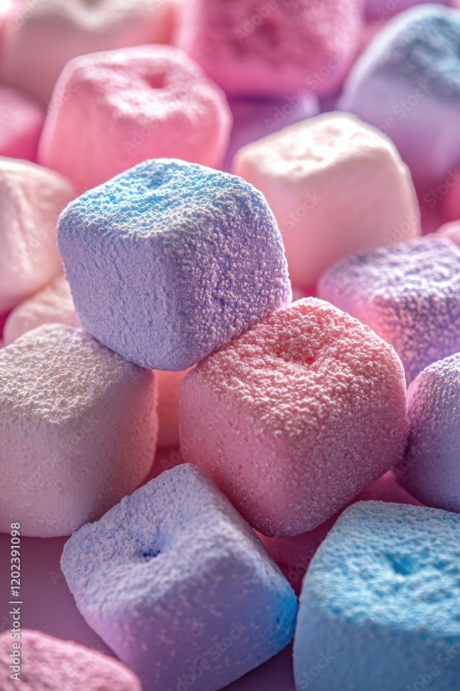 Poster colorful marshmallows arranged in a vibrant display showcasing various textures and sizes at a sweet